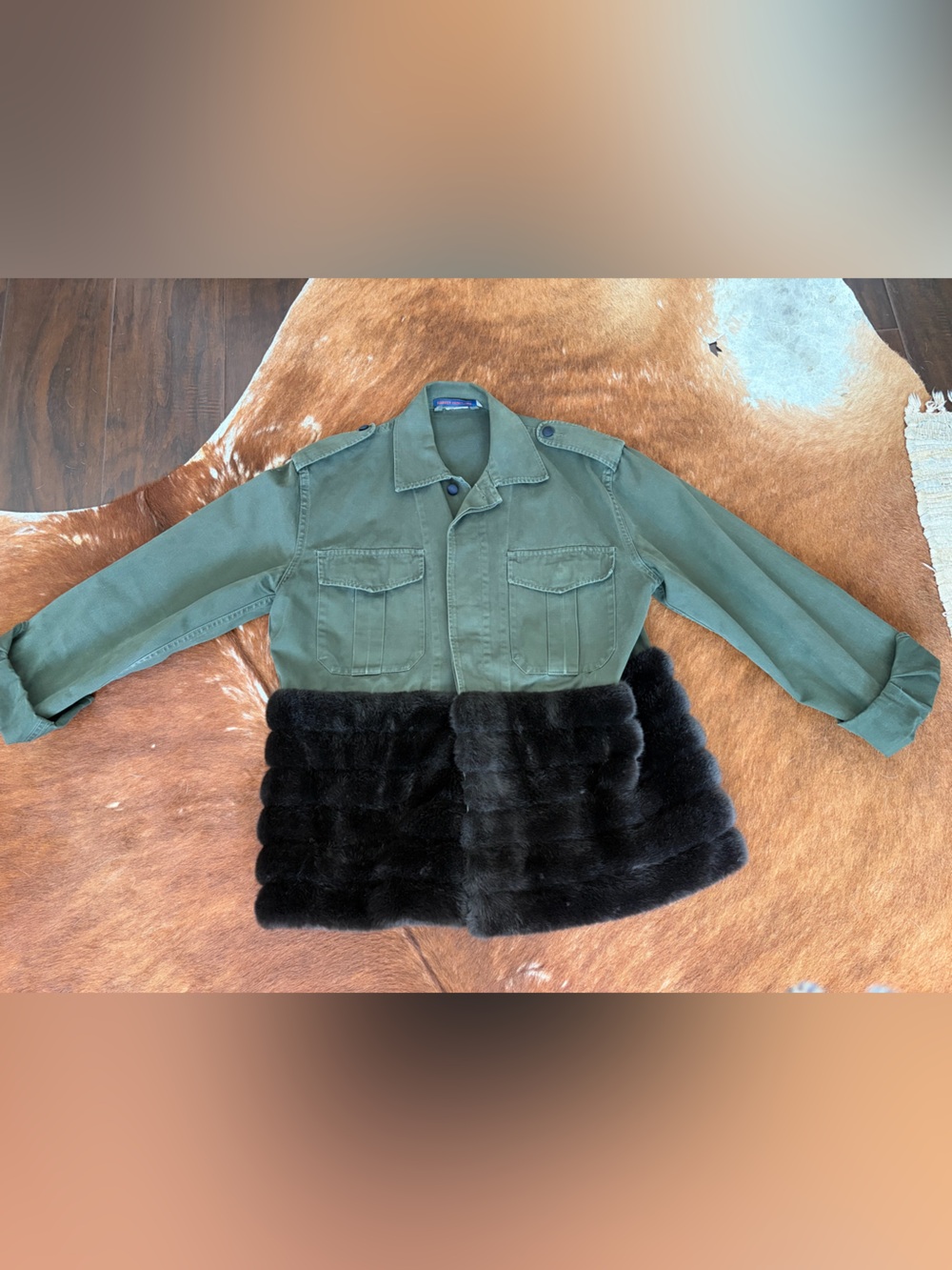 Women’s Olive Green Utility Jacket with Black Faux Fur Trim